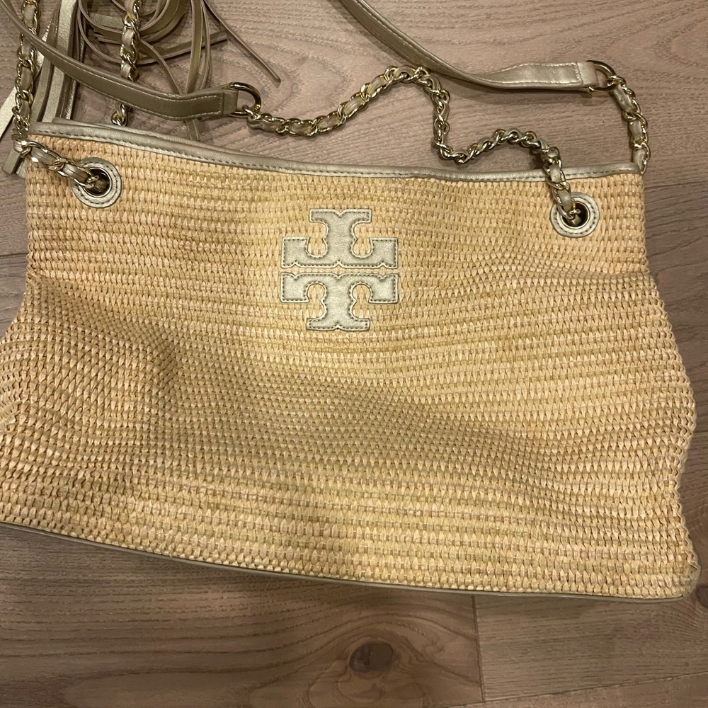 Tory Burch woven shoulder bag with gold accents and tassels!